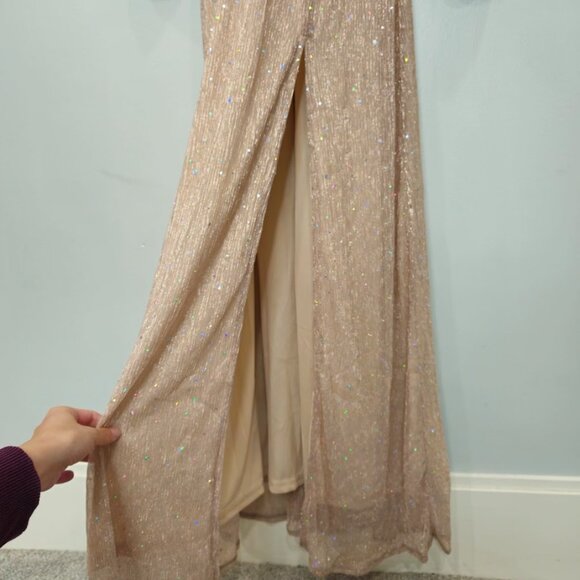 Baltic Born Pink Champagne Sheer Metallic Glitter Sparkle Maxi Gown Dress XS - Picture 8 of 11